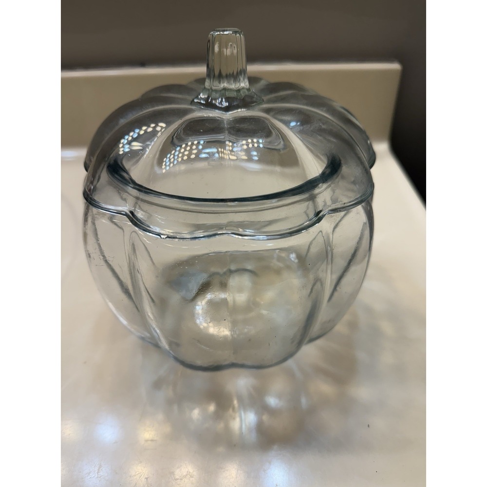 Anchor Hocking Pumpkin Candy Cookie Jar Clear Glass  Vtg